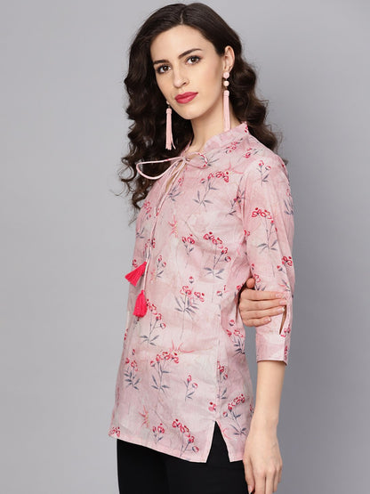 Women's Baby Pink Printed 3/4Th Sleeve Cotton Tunic