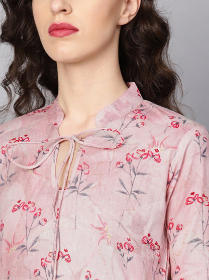 Women's Baby Pink Printed 3/4Th Sleeve Cotton Tunic
