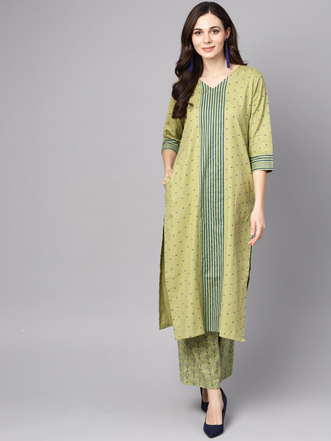 Women's Green Printed 3/4Th Sleeve Cotton Kurta With Printed Palazzo