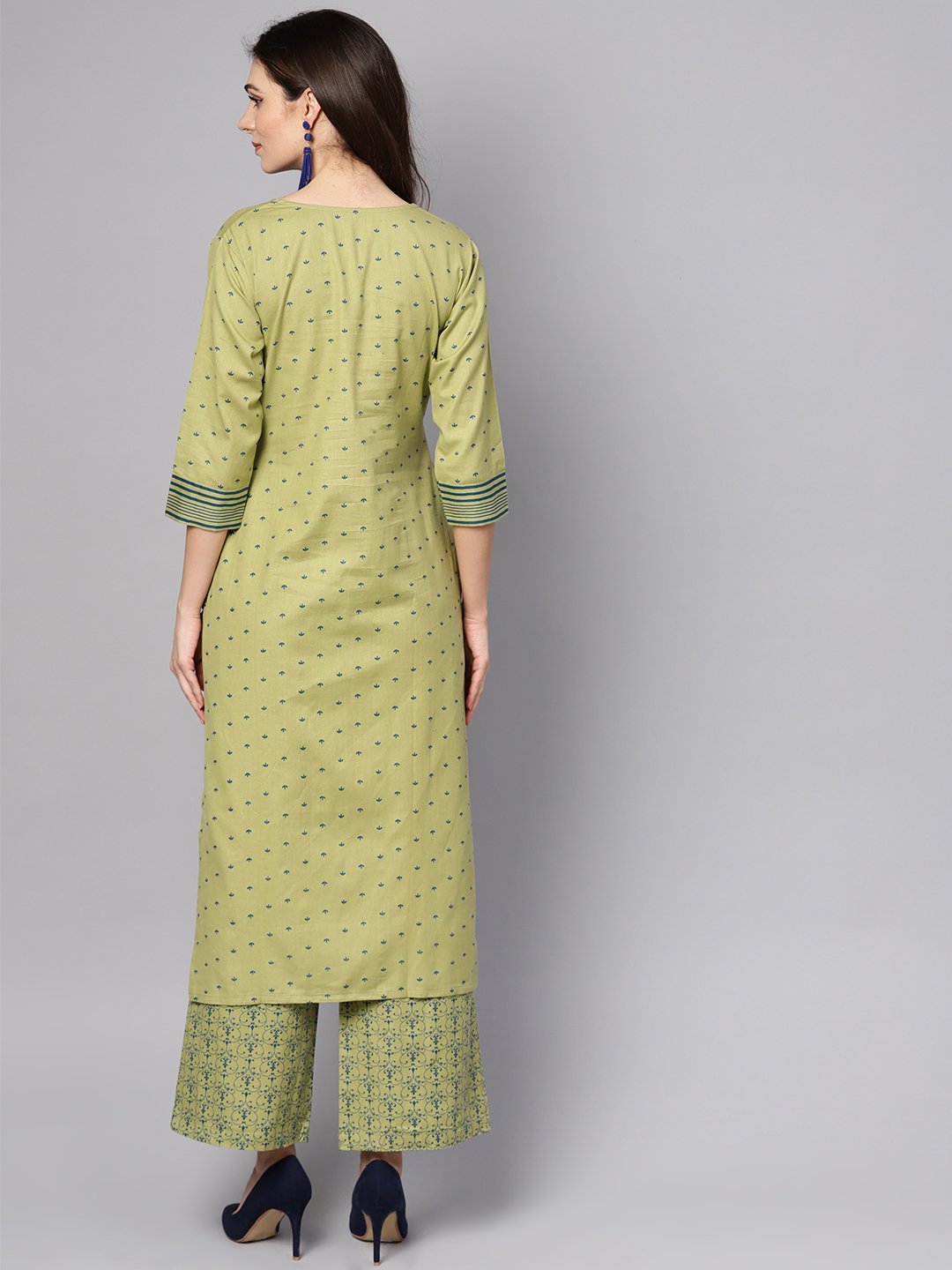 Women's Green Printed 3/4Th Sleeve Cotton Kurta With Printed Palazzo