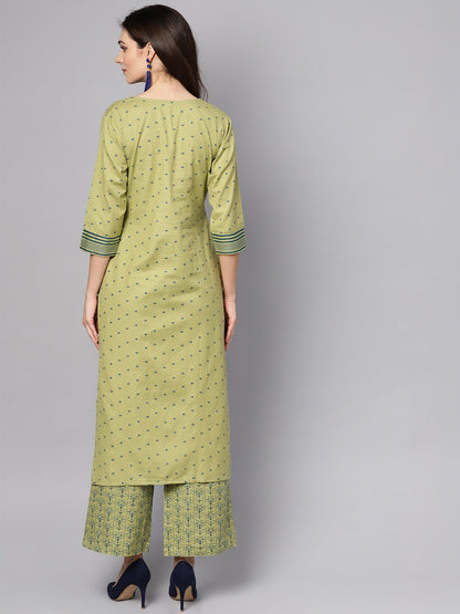 Women's Green Printed 3/4Th Sleeve Cotton Kurta With Printed Palazzo