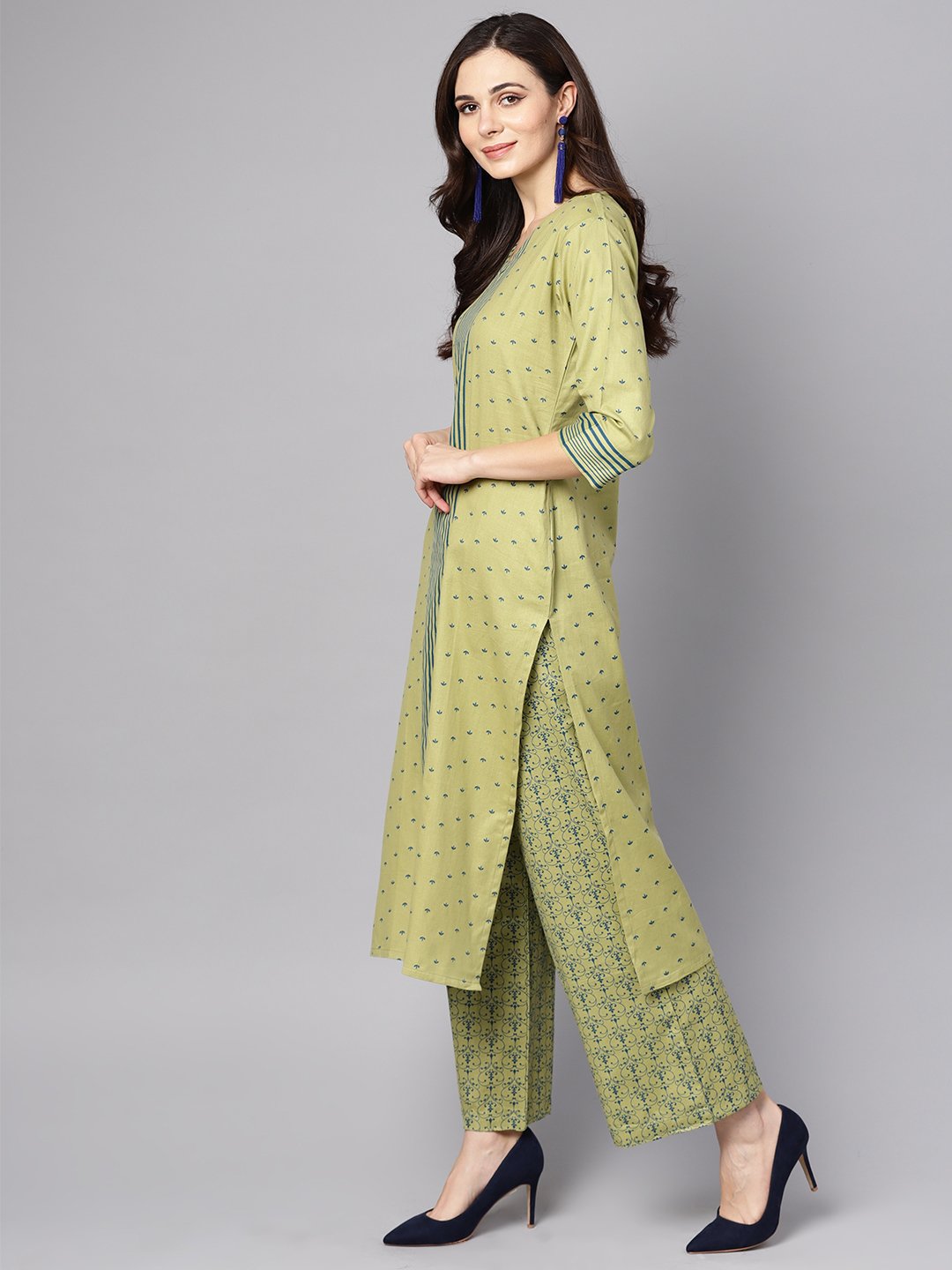 Women's Green Printed 3/4Th Sleeve Cotton Kurta With Printed Palazzo