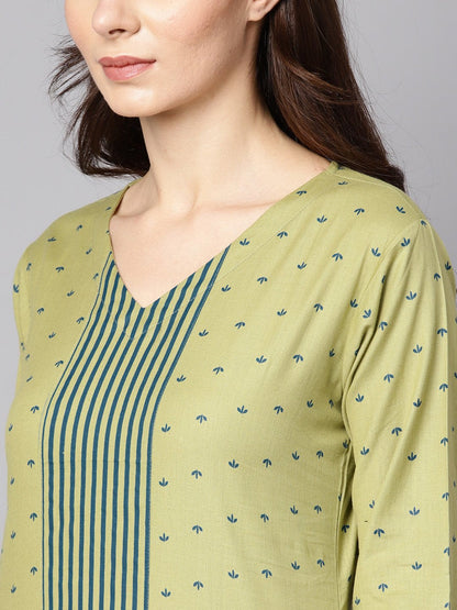 Women's Green Printed 3/4Th Sleeve Cotton Kurta With Printed Palazzo