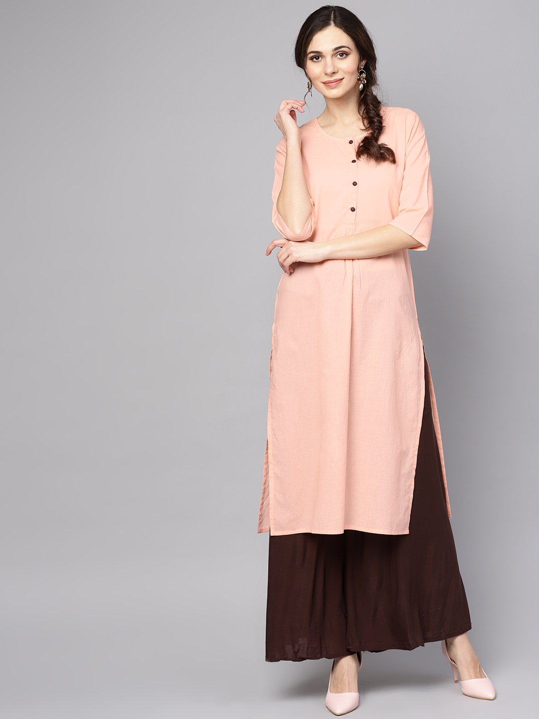 Women's Solid Peach 3/4Th Sleeve Cotton Kurta
