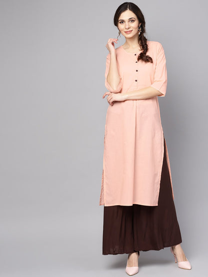 Women's Solid Peach 3/4Th Sleeve Cotton Kurta