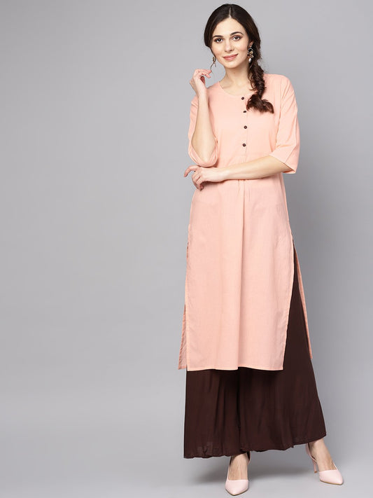 Women's Solid Peach 3/4Th Sleeve Cotton Kurta