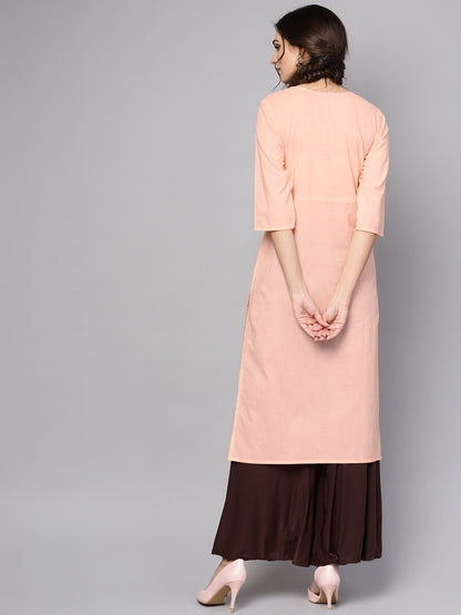 Women's Solid Peach 3/4Th Sleeve Cotton Kurta