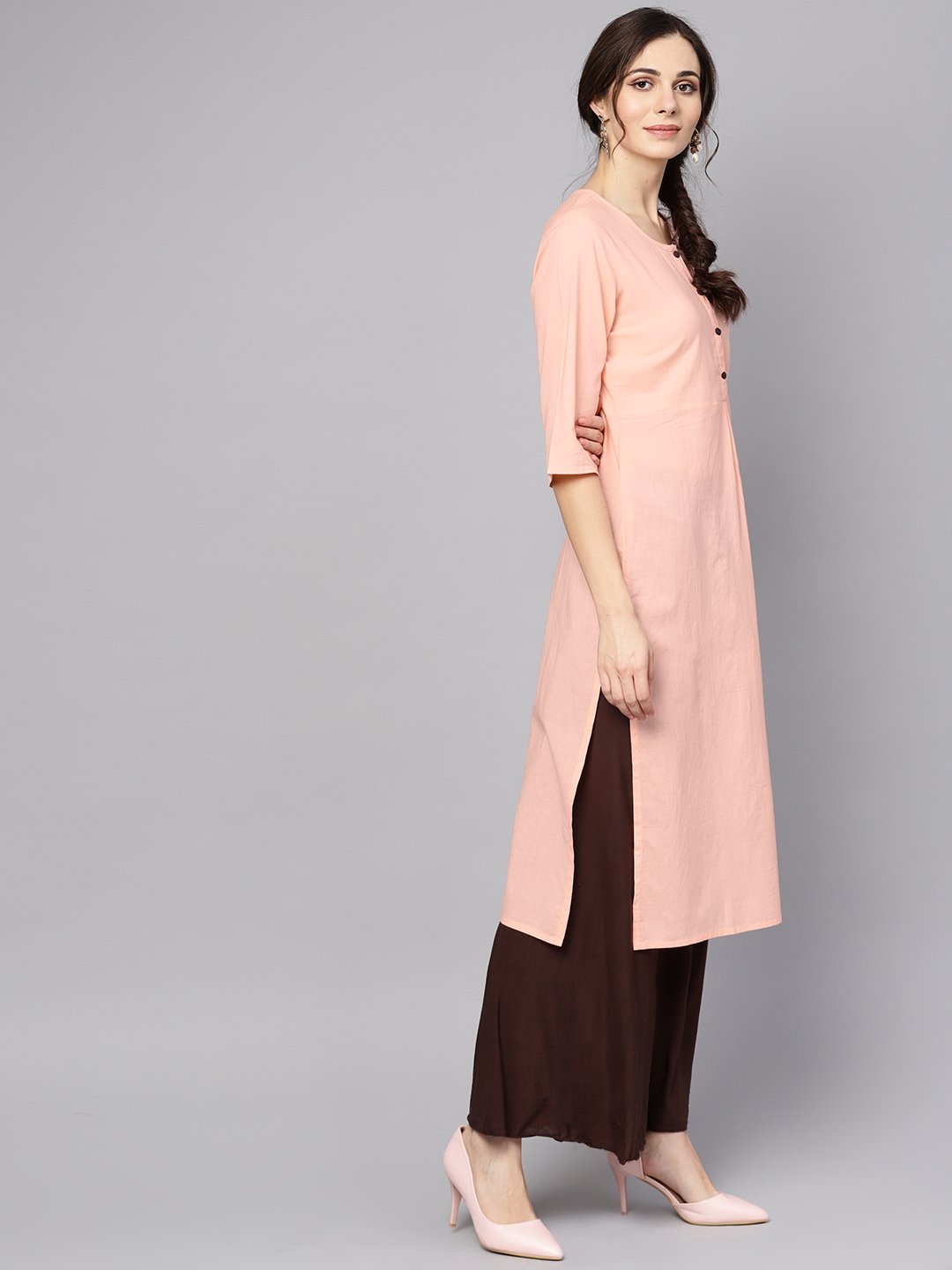 Women's Solid Peach 3/4Th Sleeve Cotton Kurta