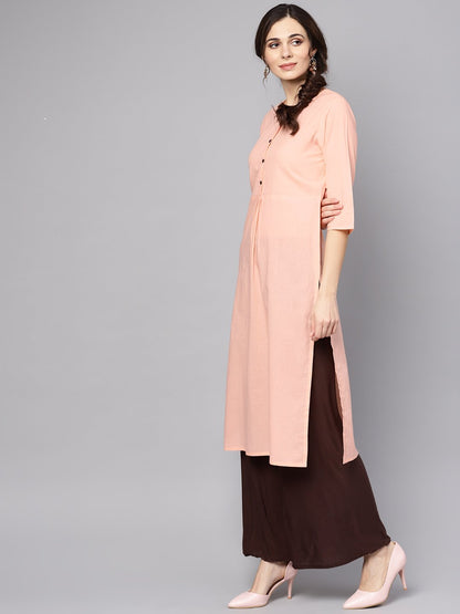 Women's Solid Peach 3/4Th Sleeve Cotton Kurta