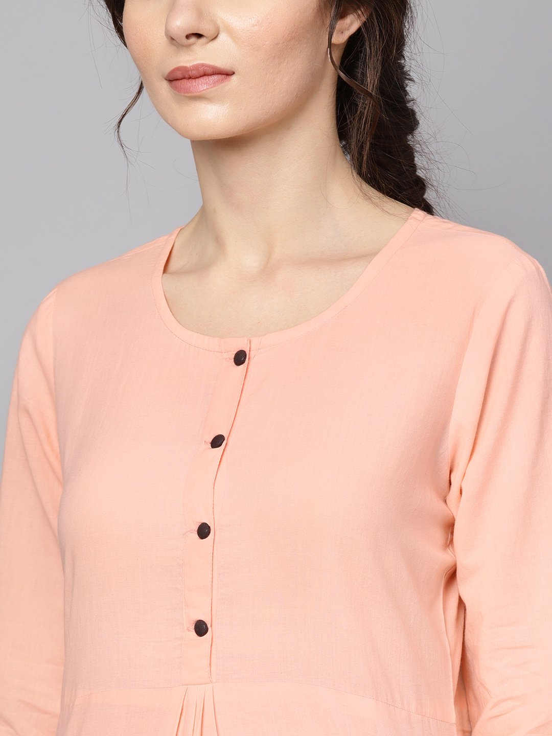 Women's Solid Peach 3/4Th Sleeve Cotton Kurta