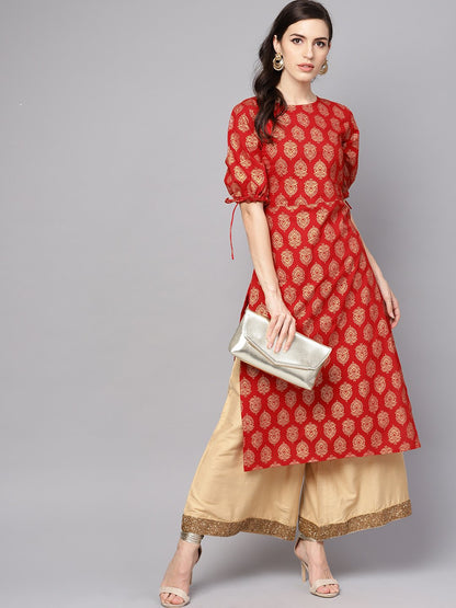 Women's Red Printed Half Sleeve Cotton Straight Kurta