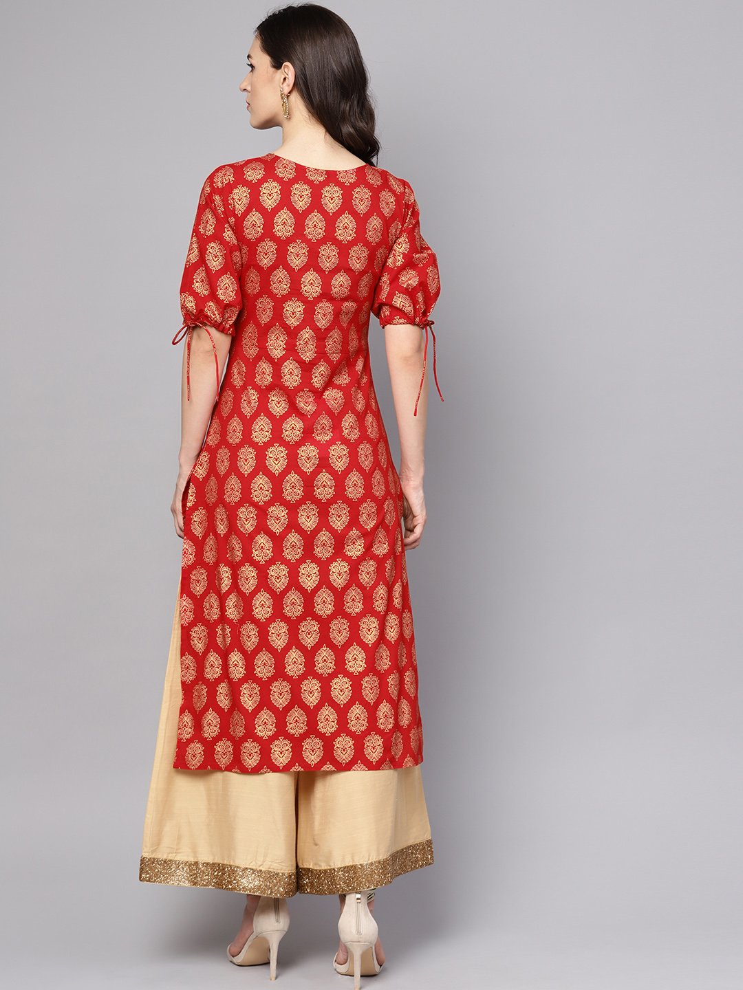 Women's Red Printed Half Sleeve Cotton Straight Kurta