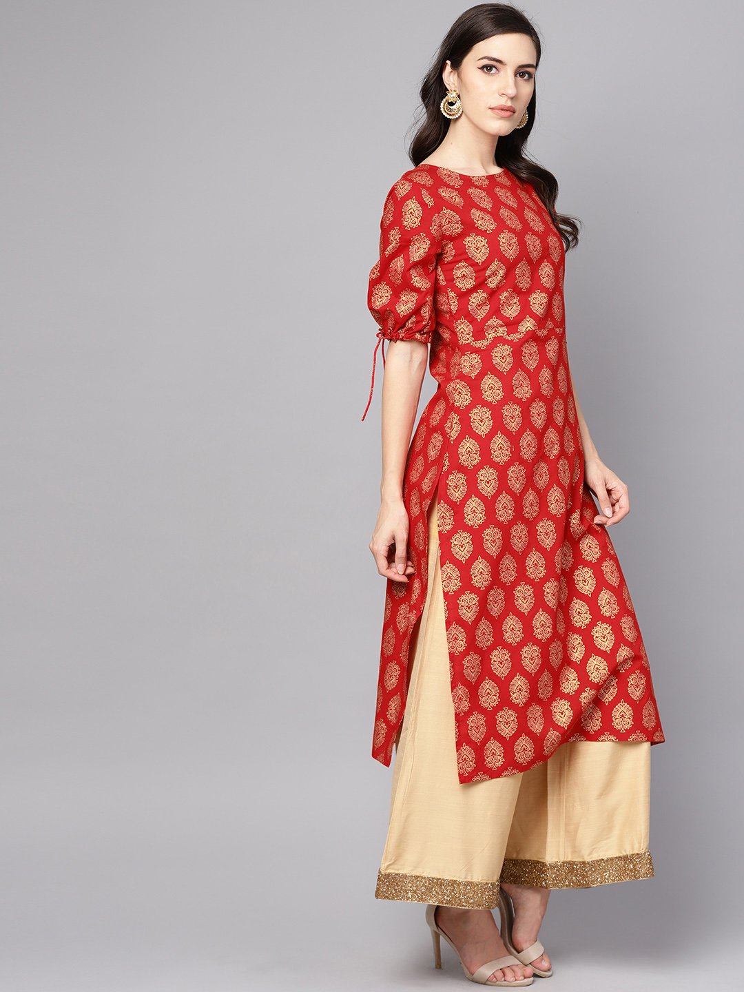 Women's Red Printed Half Sleeve Cotton Straight Kurta