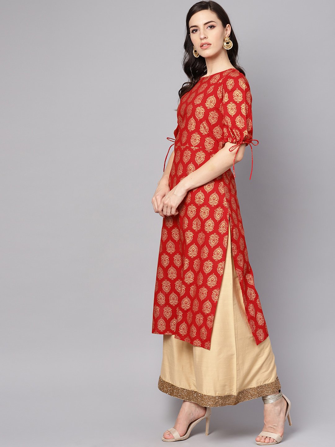 Women's Red Printed Half Sleeve Cotton Straight Kurta