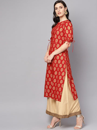 Women's Red Printed Half Sleeve Cotton Straight Kurta