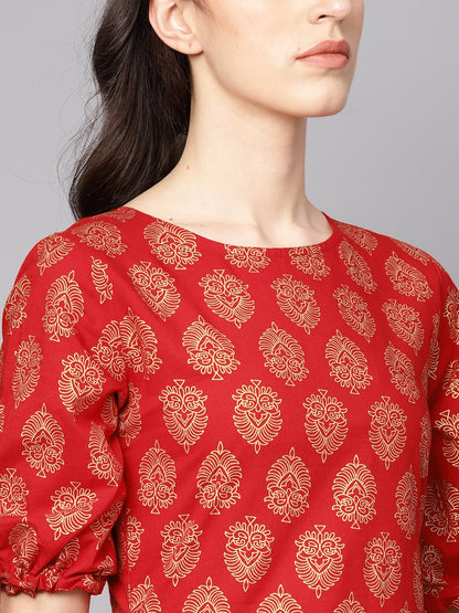 Women's Red Printed Half Sleeve Cotton Straight Kurta