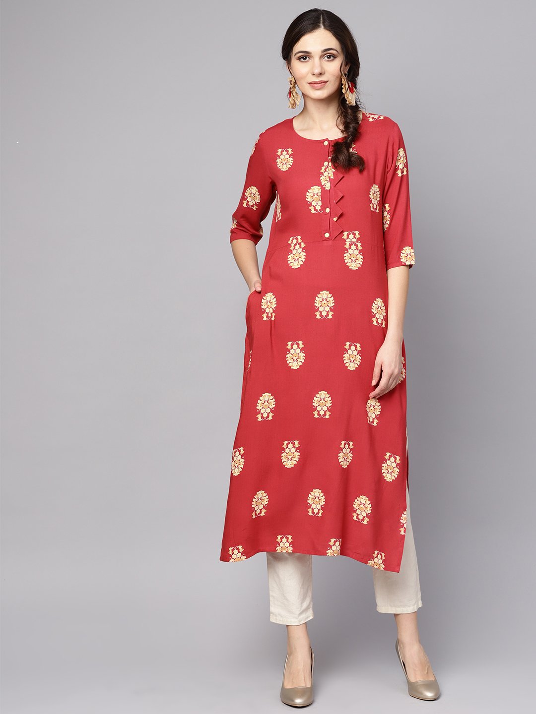 Women's Red Printed Short Sleeve Rayon Straight Kurta