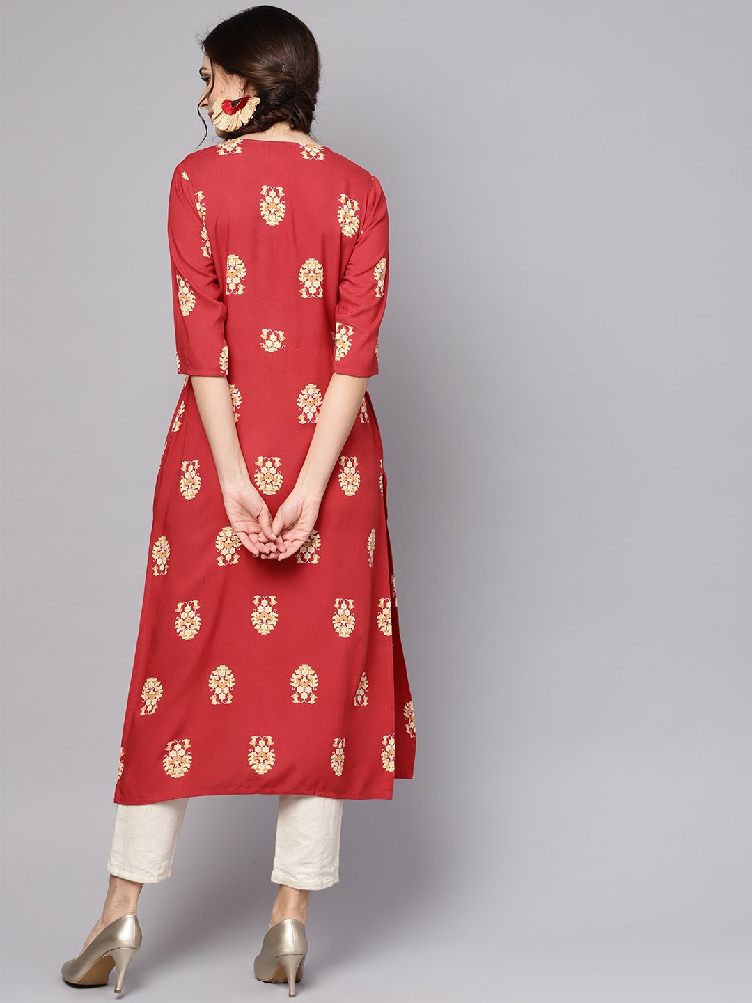 Women's Red Printed Short Sleeve Rayon Straight Kurta