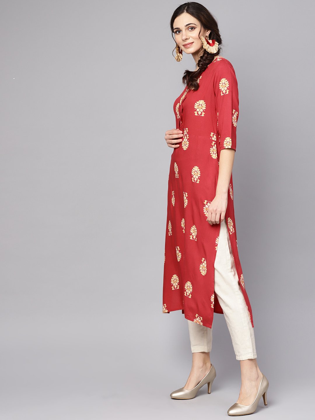 Women's Red Printed Short Sleeve Rayon Straight Kurta