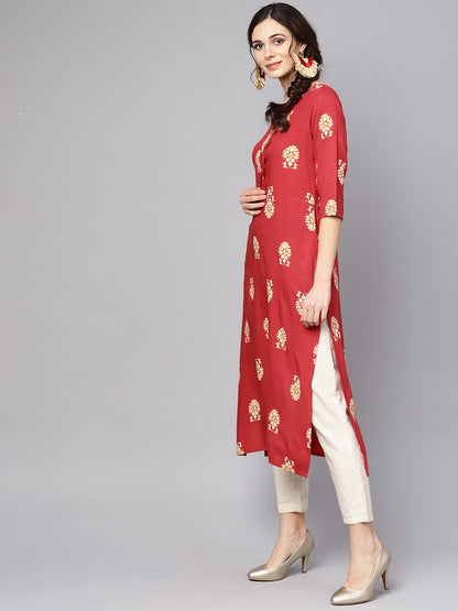 Women's Red Printed Short Sleeve Rayon Straight Kurta
