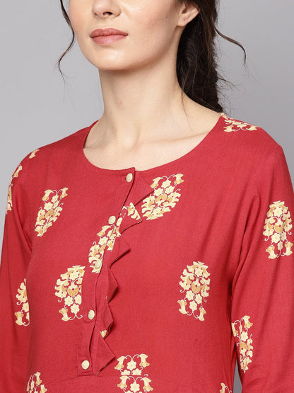 Women's Red Printed Short Sleeve Rayon Straight Kurta