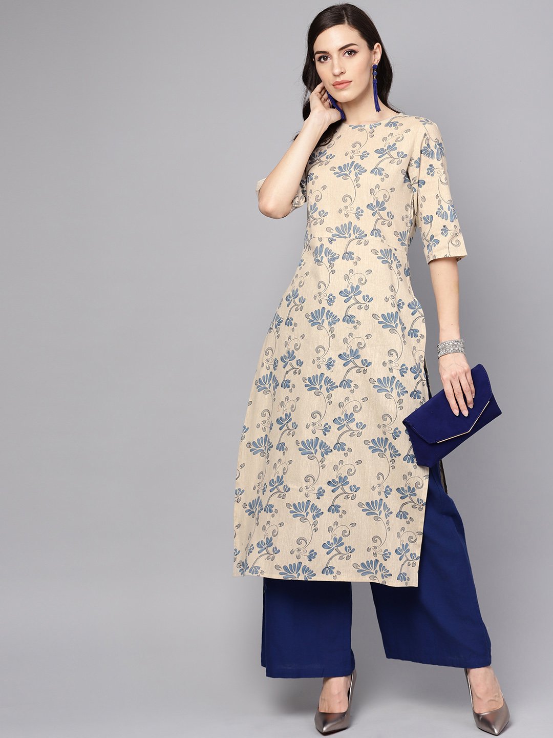 Women's Grey & Blue Printed Half Sleeve Cotton Kurta