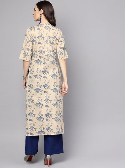 Women's Grey & Blue Printed Half Sleeve Cotton Kurta