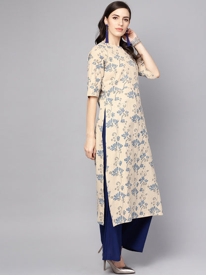Women's Grey & Blue Printed Half Sleeve Cotton Kurta