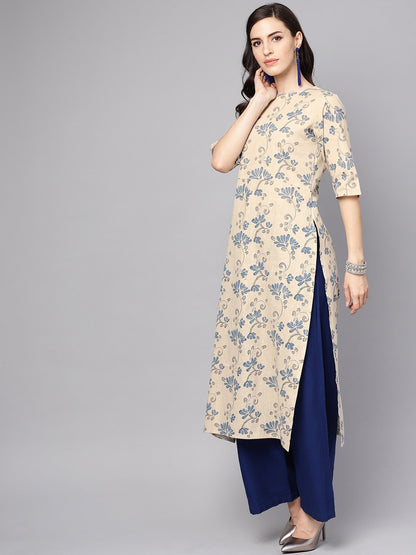 Women's Grey & Blue Printed Half Sleeve Cotton Kurta