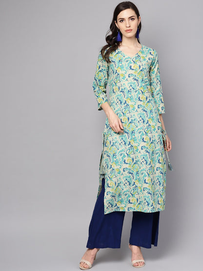 Women's Green Printed 3/4Th Sleeve Cotton Printed Kurta
