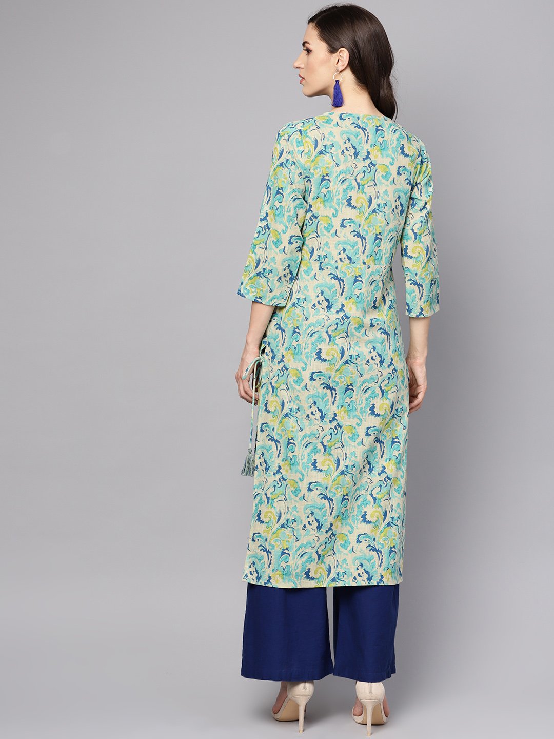 Women's Green Printed 3/4Th Sleeve Cotton Printed Kurta