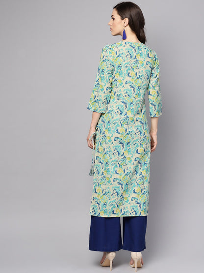 Women's Green Printed 3/4Th Sleeve Cotton Printed Kurta