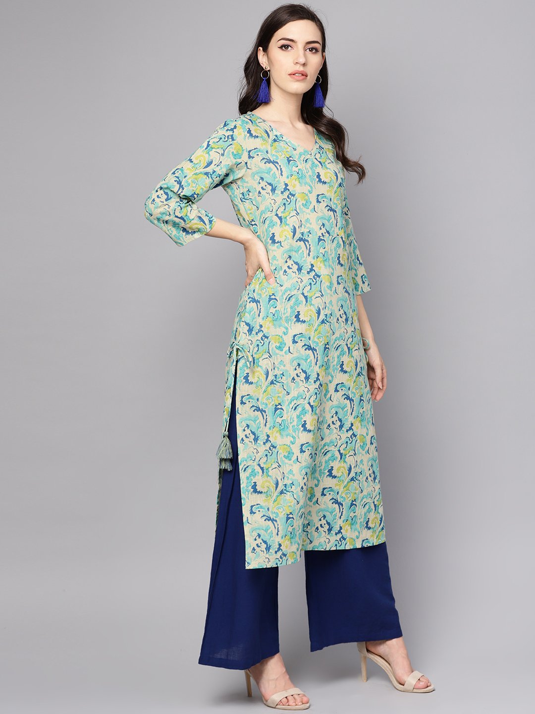 Women's Green Printed 3/4Th Sleeve Cotton Printed Kurta
