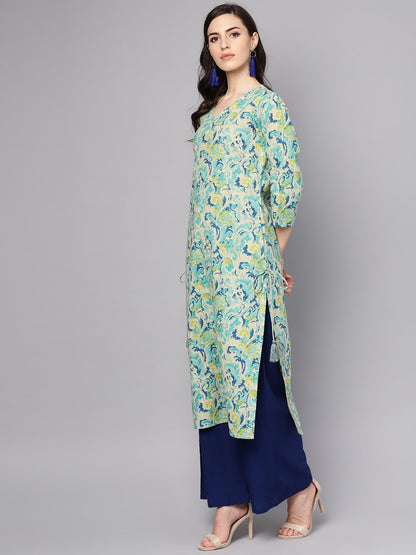 Women's Green Printed 3/4Th Sleeve Cotton Printed Kurta