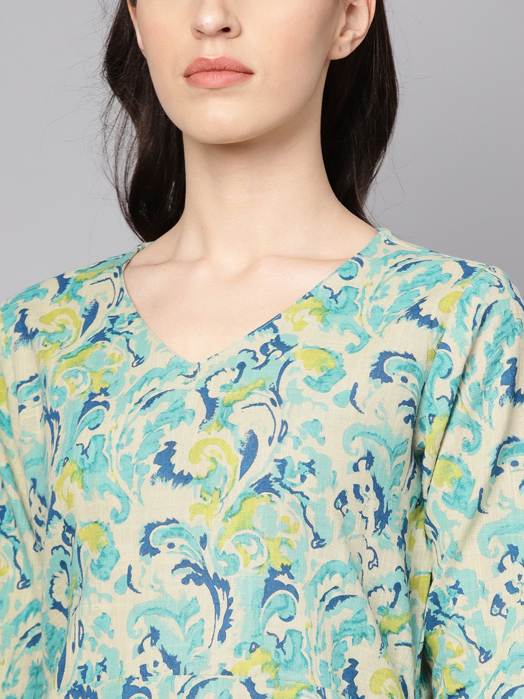 Women's Green Printed 3/4Th Sleeve Cotton Printed Kurta