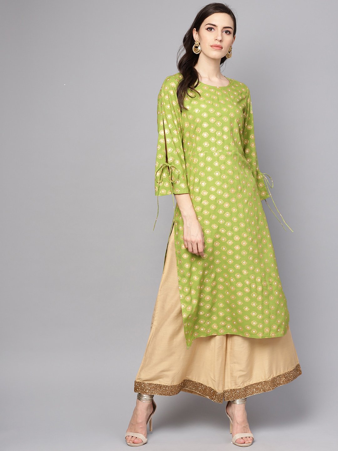Women's Green Printed 3/4Th Sleeve Rayon Printed Kurta