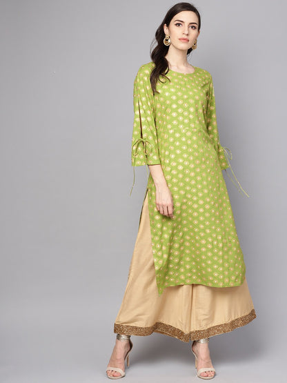 Women's Green Printed 3/4Th Sleeve Rayon Printed Kurta