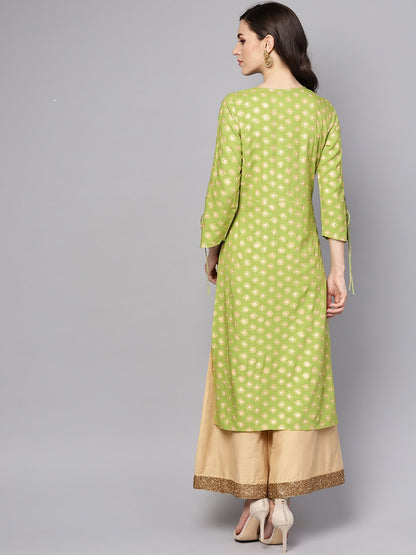 Women's Green Printed 3/4Th Sleeve Rayon Printed Kurta