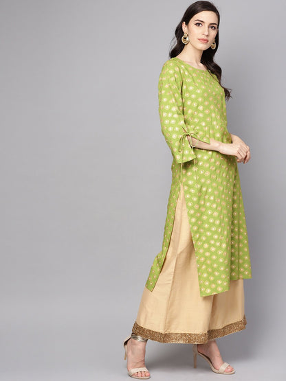 Women's Green Printed 3/4Th Sleeve Rayon Printed Kurta