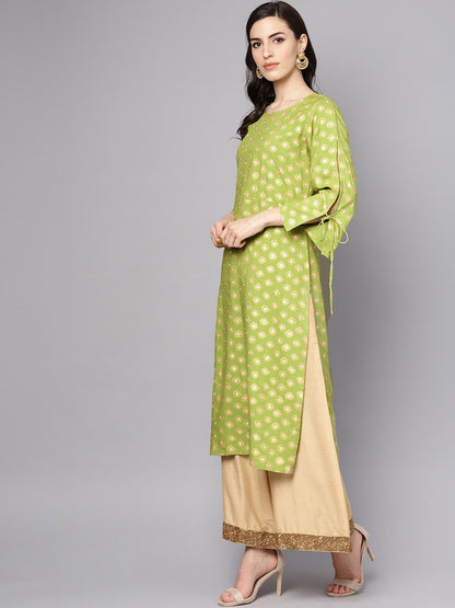 Women's Green Printed 3/4Th Sleeve Rayon Printed Kurta