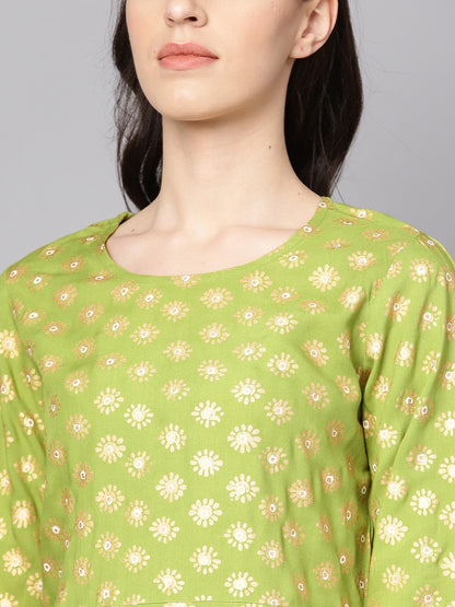 Women's Green Printed 3/4Th Sleeve Rayon Printed Kurta