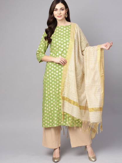 Women's Green 3/4Th Sleeve Rayon Kurta With Beige Palazzo And Dupatta