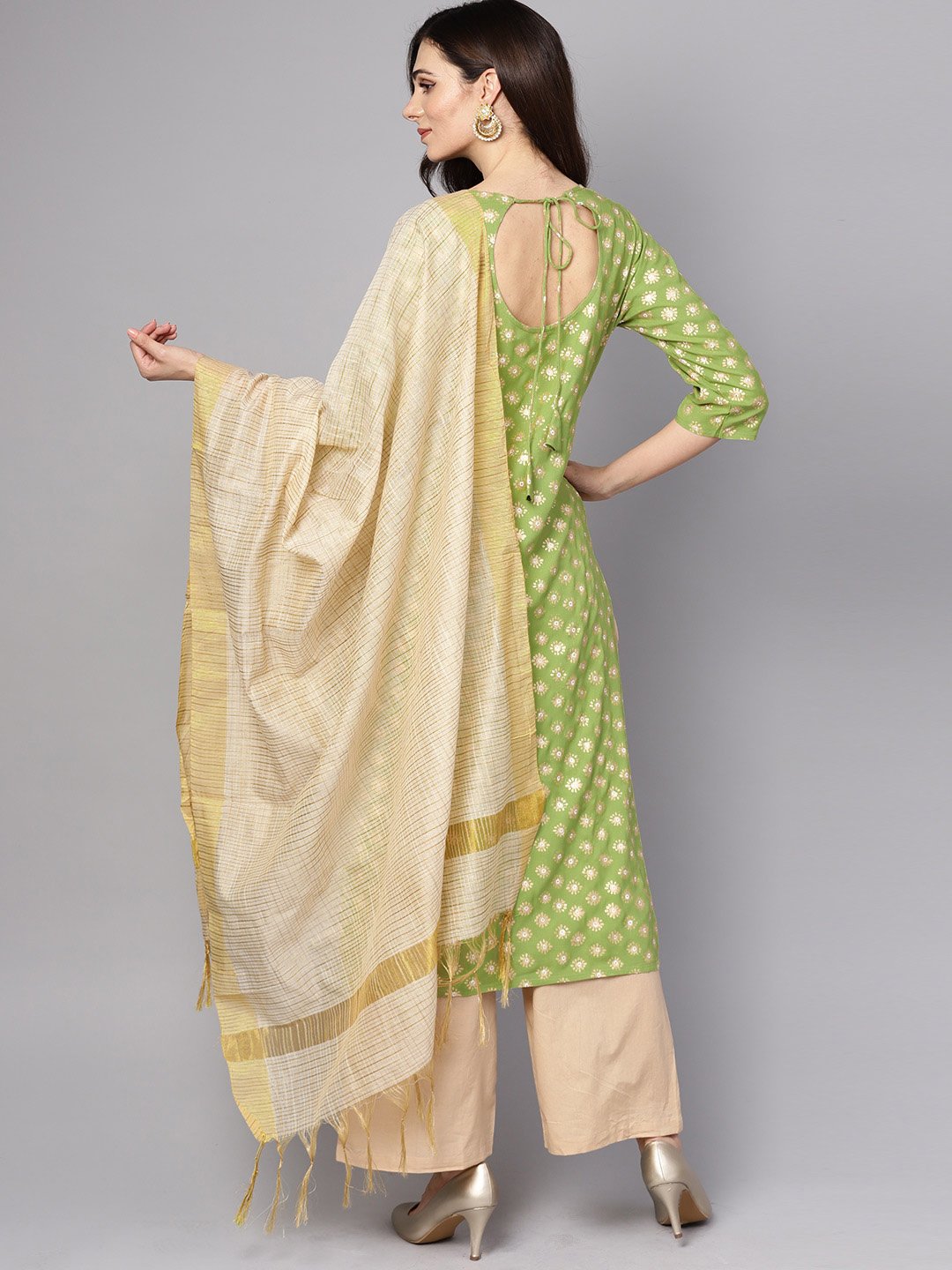 Women's Green 3/4Th Sleeve Rayon Kurta With Beige Palazzo And Dupatta