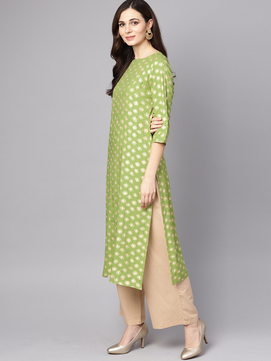 Women's Green 3/4Th Sleeve Rayon Kurta With Beige Palazzo And Dupatta