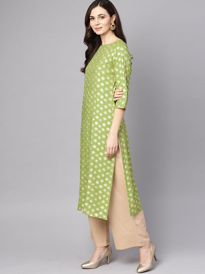 Women's Green 3/4Th Sleeve Rayon Kurta With Beige Palazzo And Dupatta