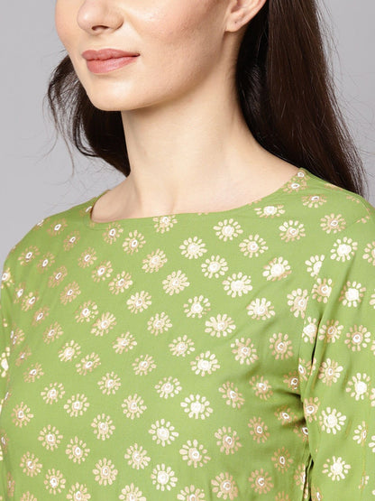 Women's Green 3/4Th Sleeve Rayon Kurta With Beige Palazzo And Dupatta