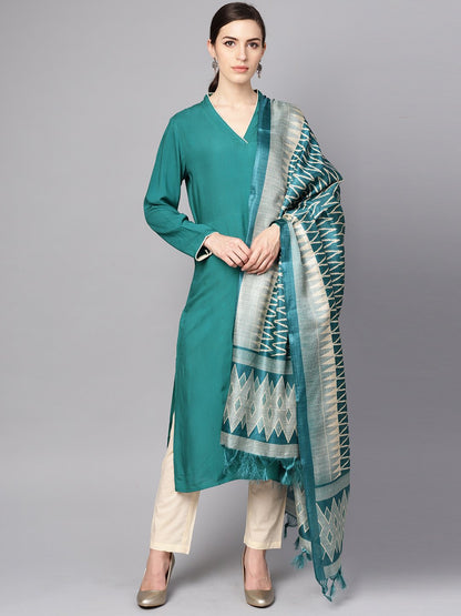 Women's Teal Blue 3/4Th Sleeve Cotton Kurta With Beige Palazzo And Printed Dupatta