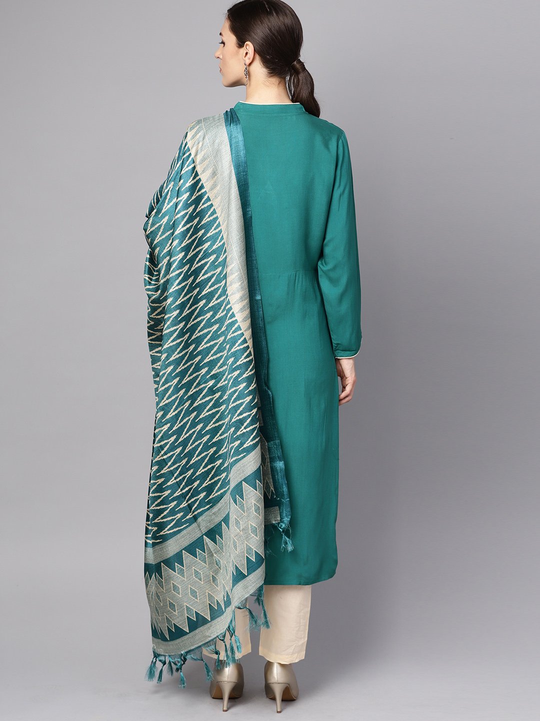 Women's Teal Blue 3/4Th Sleeve Cotton Kurta With Beige Palazzo And Printed Dupatta