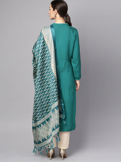 Women's Teal Blue 3/4Th Sleeve Cotton Kurta With Beige Palazzo And Printed Dupatta