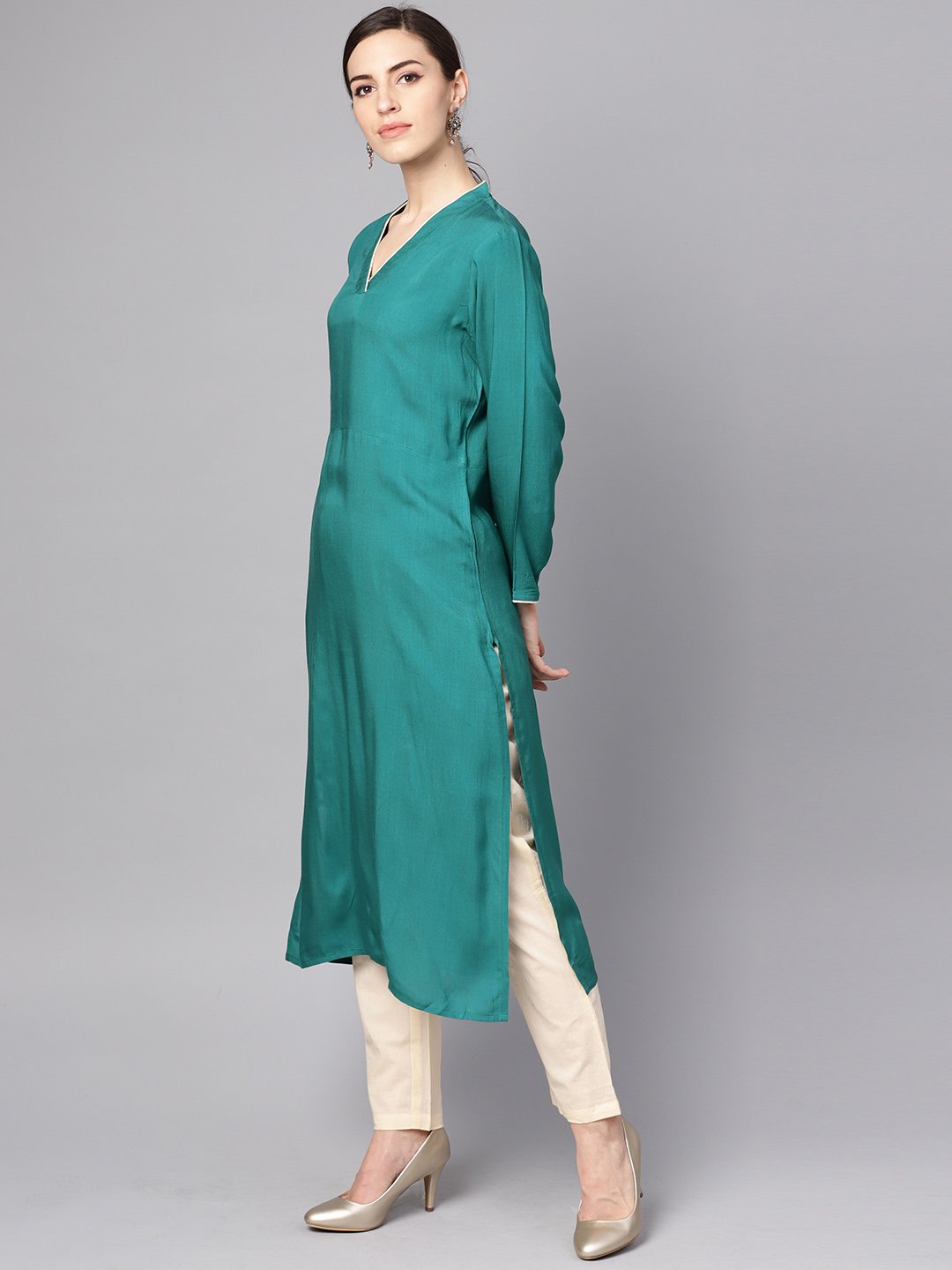 Women's Teal Blue 3/4Th Sleeve Cotton Kurta With Beige Palazzo And Printed Dupatta